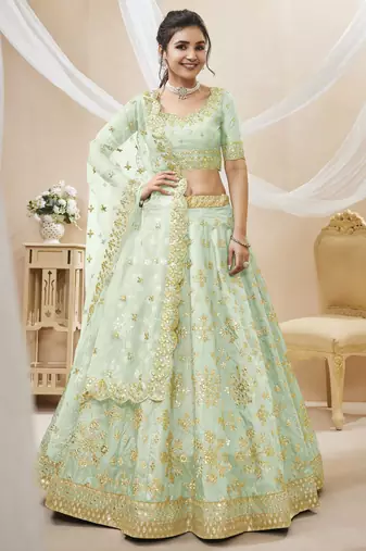 Pista Green Sequins Foil & Zari Embroidered Art Silk Designer Lehenga Choli
