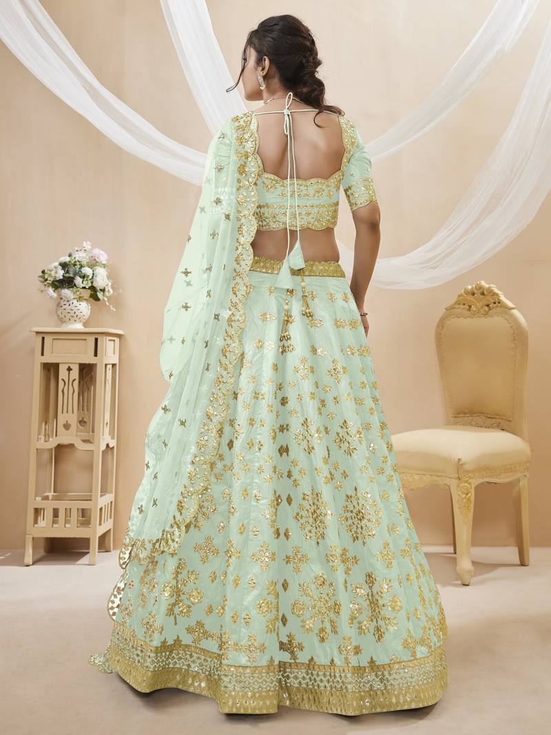  Pista Green Sequins Foil & Zari Embroidered Art Silk Designer Lehenga Choli