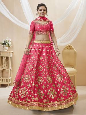 Pink Sequins Foil & Zari Embroidered Art Silk Lehenga Choli For Bride 1