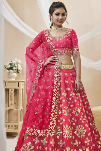 Pink Sequins Foil & Zari Embroidered Art Silk Lehenga Choli For Bride