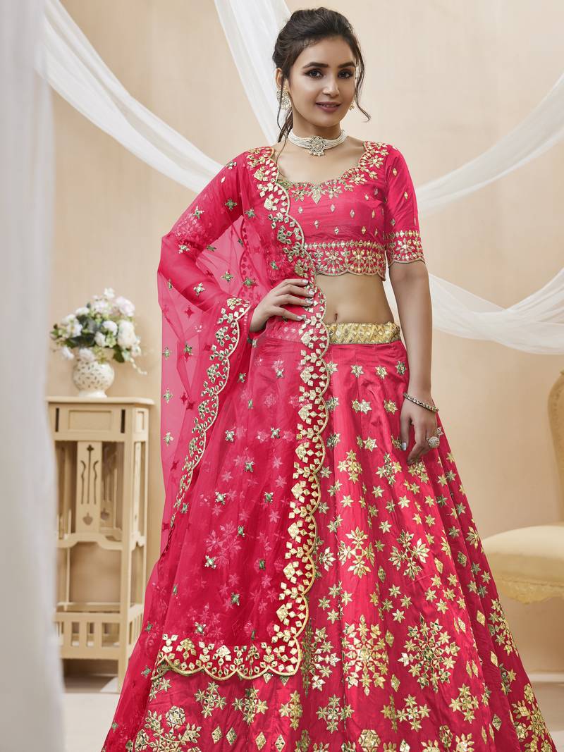 Pink Sequins Foil & Zari Embroidered Art Silk Lehenga Choli For Bride