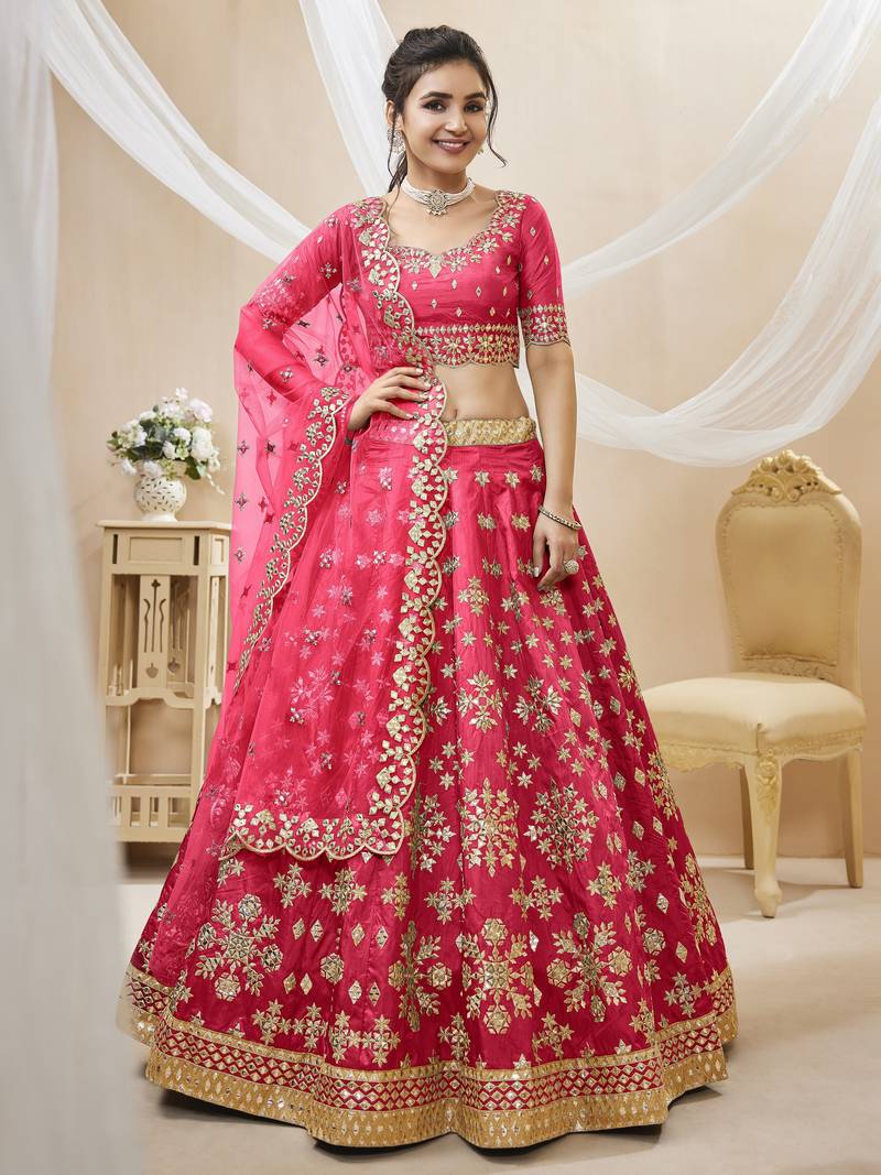 Pink Sequins Foil & Zari Embroidered Art Silk Lehenga Choli For Bride