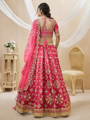 Pink Sequins Foil & Zari Embroidered Art Silk Lehenga Choli For Bride 4