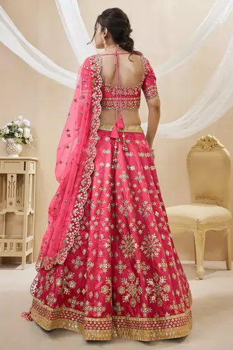 Pink Sequins Foil & Zari Embroidered Art Silk Lehenga Choli For Bride