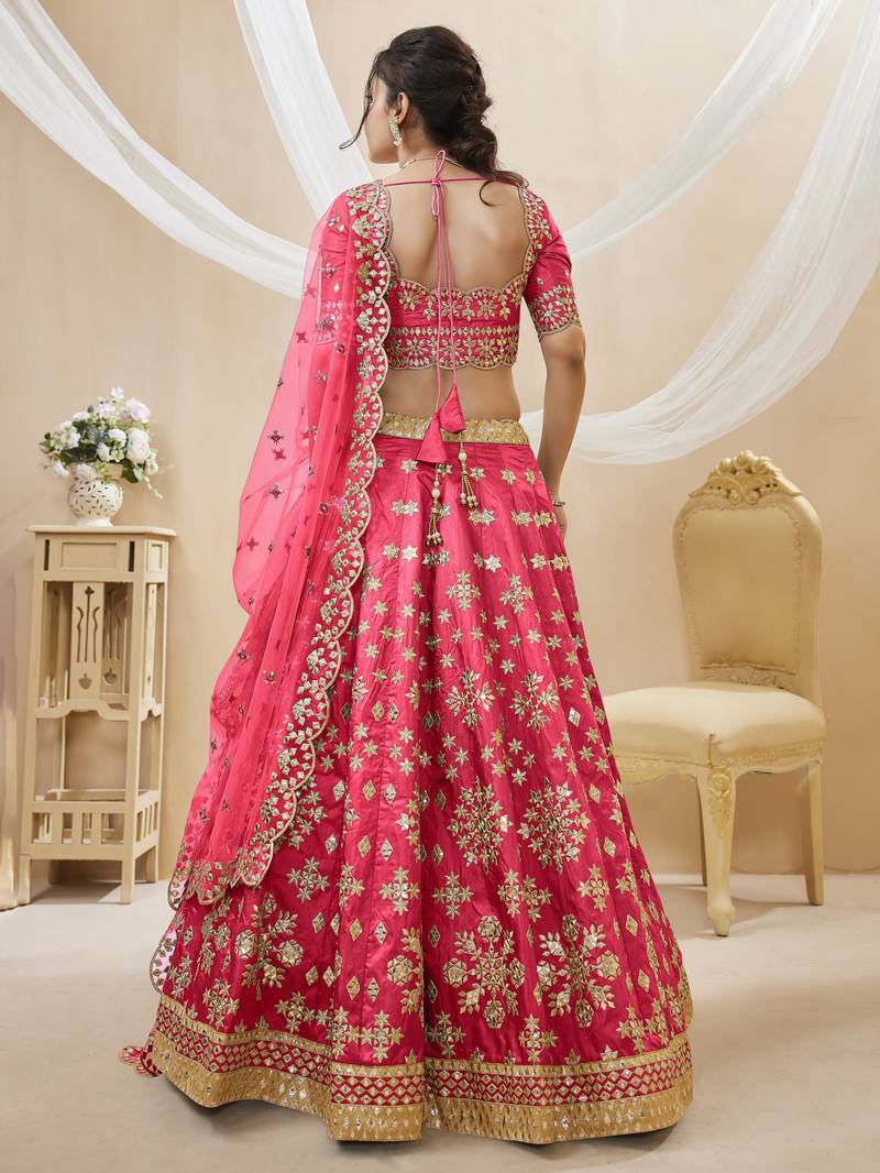 Pink Sequins Foil & Zari Embroidered Art Silk Lehenga Choli For Bride