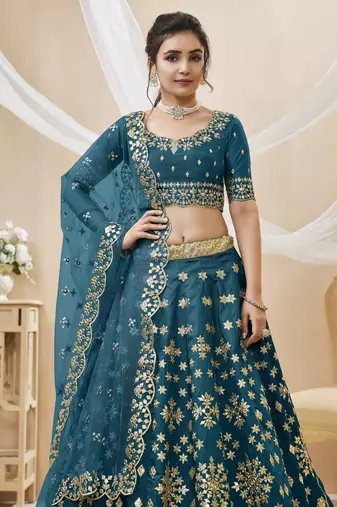 Blue Sequins Foil & Zari Embroidered Art Silk Lehenga Choli
