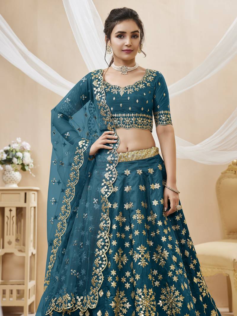 Blue Sequins Foil & Zari Embroidered Art Silk Lehenga Choli