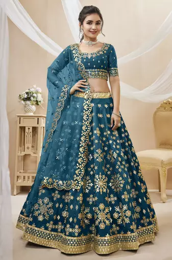 Blue Sequins Foil & Zari Embroidered Art Silk Lehenga Choli