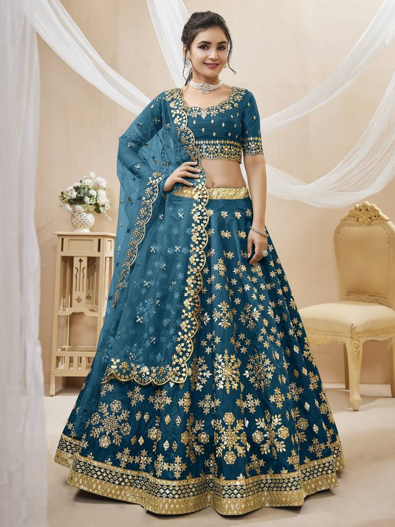 Blue Sequins Foil & Zari Embroidered Art Silk Lehenga Choli