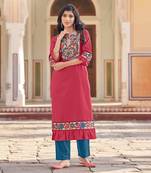 Designer slub cotton pink floral yoke printed kurta