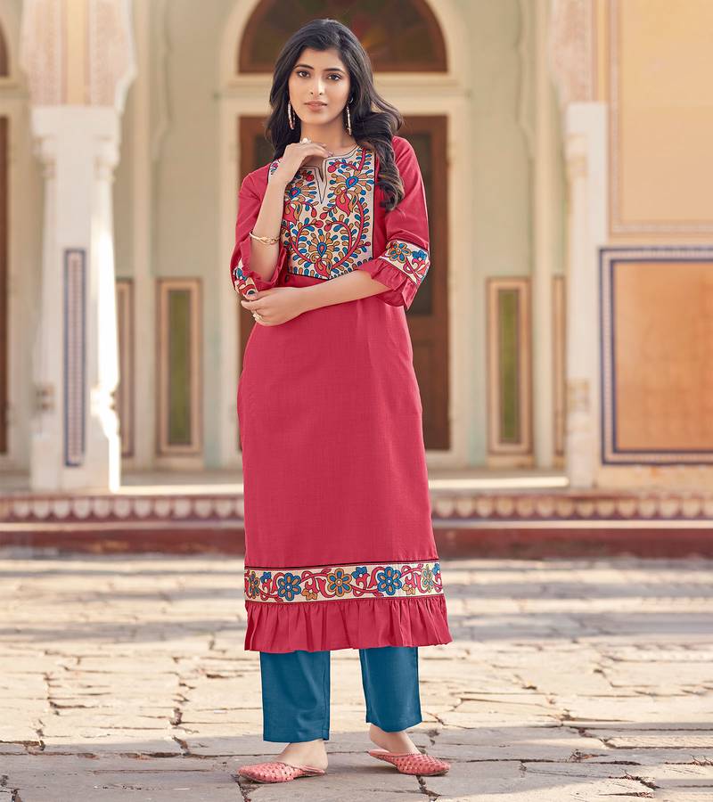 Designer slub cotton pink floral yoke printed kurta