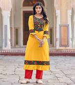Designer slub cotton yellow madhubani yoke printed kurta