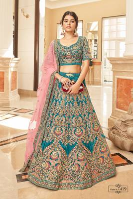 Teal Blue Thread Zari Dori And Sequins Embroidered Velvet Lehenga Choli For Bride 1