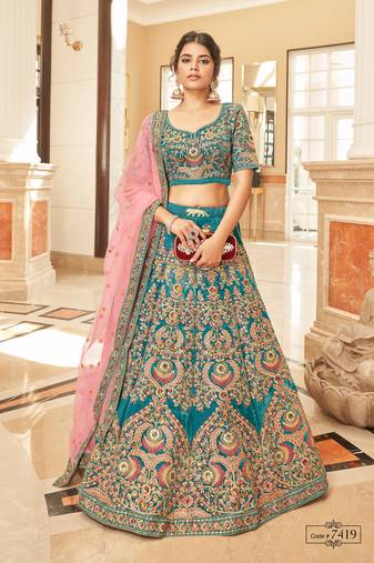 Teal Blue Thread Zari Dori And Sequins Embroidered Velvet Lehenga Choli For Bride