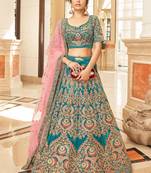 Teal Blue Thread Zari Dori And Sequins Embroidered Velvet Lehenga Choli For Bride