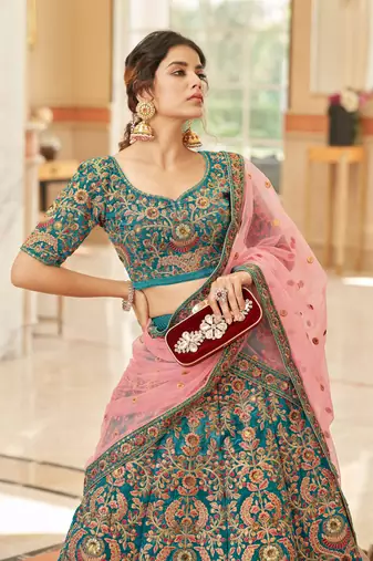 Teal Blue Thread Zari Dori And Sequins Embroidered Velvet Lehenga Choli For Bride