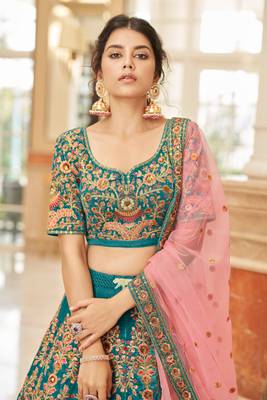 Teal Blue Thread Zari Dori And Sequins Embroidered Velvet Lehenga Choli For Bride 4