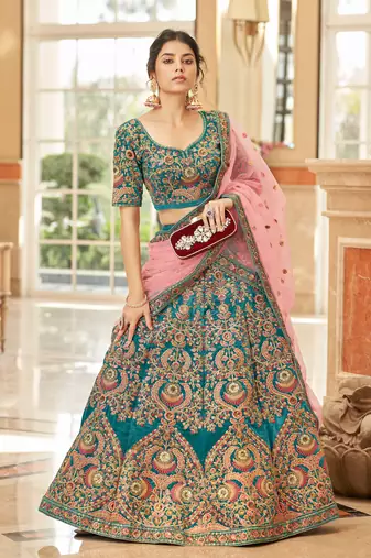 Teal Blue Thread Zari Dori And Sequins Embroidered Velvet Lehenga Choli For Bride