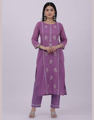 Satrangi women's purple cotton embroidered kurta set with round neck and three fourth sleeves 1