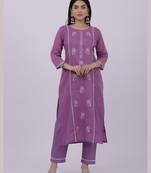 Satrangi women's purple cotton embroidered kurta set with round neck and three fourth sleeves