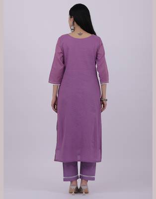 Satrangi women's purple cotton embroidered kurta set with round neck and three fourth sleeves 2