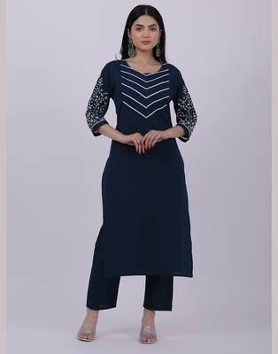 Satrangi women's navy blue cotton embroidered kurta set with round neck and three fourth sleeves 1