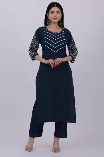 Satrangi women's navy blue cotton embroidered kurta set with round neck and three fourth sleeves