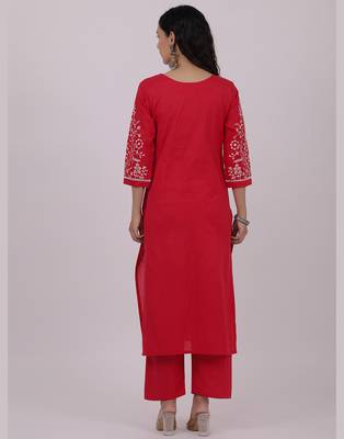 Satrangi women's red cotton embroidered 3/4th sleeve round neck kurta set 2