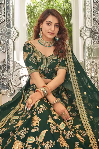  Green Thread Zari Dori And Sequins Embroidered Art Silk Designer Lehenga Choli