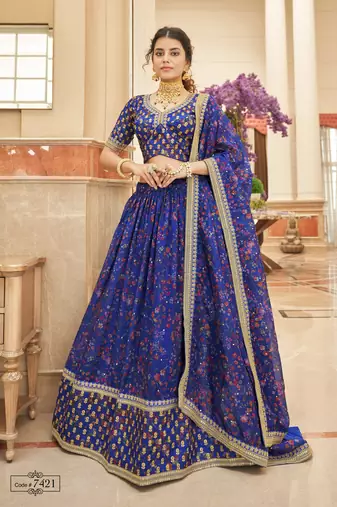 Fetching Blue Thread Zari Dori And Sequins Embroidered Organza Party Wear Lehenga Choli