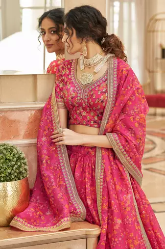 Pink Thread Zari Dori And Sequins Embroidered Organza Lehenga Choli For Bride
