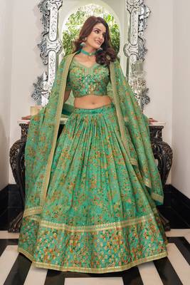  Pista Green Thread Zari Dori And Sequins Embroidered Art Silk Designer Lehenga Choli 1
