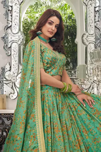  Pista Green Thread Zari Dori And Sequins Embroidered Art Silk Designer Lehenga Choli