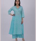Satrangi women's sky blue cotton v neck three fourth sleeve printed kurta set