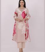 Satrangi women's pink viscose silk regular fit three fourth sleeve v neck floral print kurta set