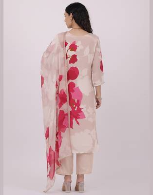 Satrangi women's pink viscose silk regular fit three fourth sleeve v neck floral print kurta set 2