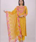 Satrangi women's yellow viscose silk printed kurta set with v neck and three fourth sleeves