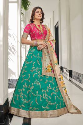 Fetching Green Thread Zari Dori And Sequins Embroidered Art Silk Lehenga And Pink Choli 1