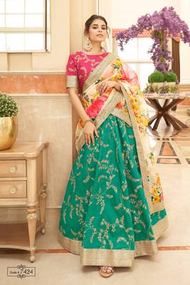 Fetching Green Thread Zari Dori And Sequins Embroidered Art Silk Lehenga And Pink Choli 6