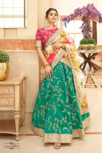 Fetching Green Thread Zari Dori And Sequins Embroidered Art Silk Lehenga And Pink Choli