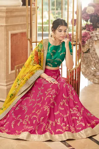 Pink-Green Thread Zari Dori And Sequins Embroidered Art Silk Pink Lehenga And Green Choli For Bride