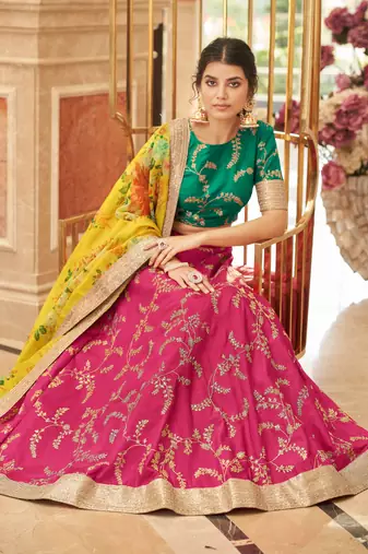 Pink-Green Thread Zari Dori And Sequins Embroidered Art Silk Pink Lehenga And Green Choli For Bride