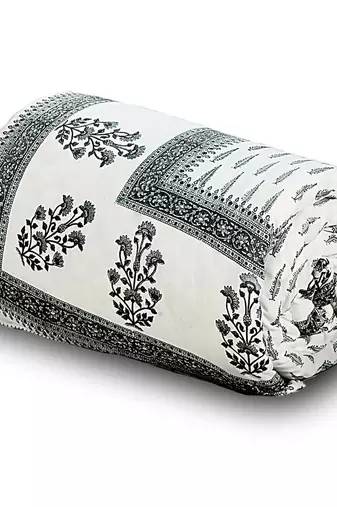 Handblock Grey Print Cotton Double Bed Comforter Diwali Gift 613