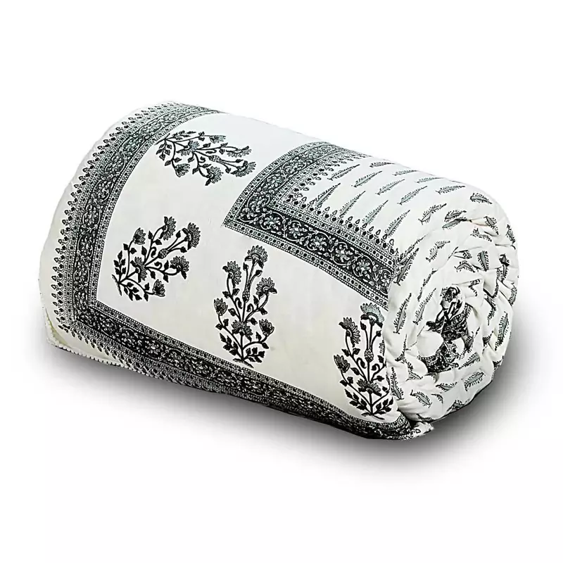 Handblock Grey Print Cotton Double Bed Comforter Diwali Gift 613