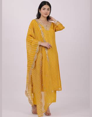 Satrangi women's yellow viscose silk embroidered kurta set with v neck and three fourth sleeves 1
