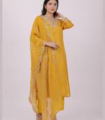Satrangi women's yellow viscose silk embroidered kurta set with v neck and three fourth sleeves