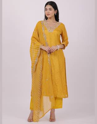 Satrangi women's yellow viscose silk embroidered kurta set with v neck and three fourth sleeves 4