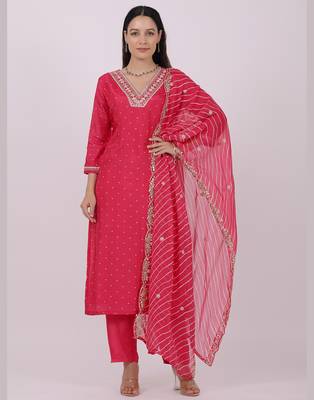 Satrangi women's pink viscose silk embroidered 3/4th sleeve v neck kurta set 1