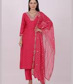 Satrangi women's pink viscose silk embroidered 3/4th sleeve v neck kurta set