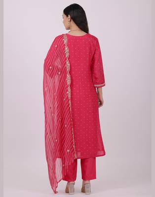 Satrangi women's pink viscose silk embroidered 3/4th sleeve v neck kurta set 2